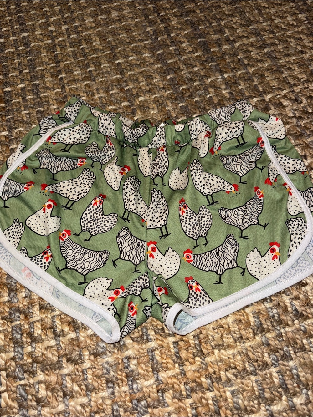 Green Chicken-Print Athletic Shorts with White Trim